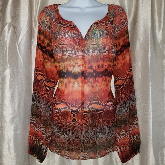 NWOT Karen Kane orange snakeskin print semi sheer blouse top Womens Medium - Picture 2 of 6